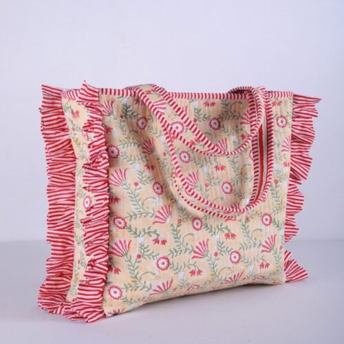 Leaf & Bloom Block Printed Cotton Quilted Tote Bag In Peach - Image 5