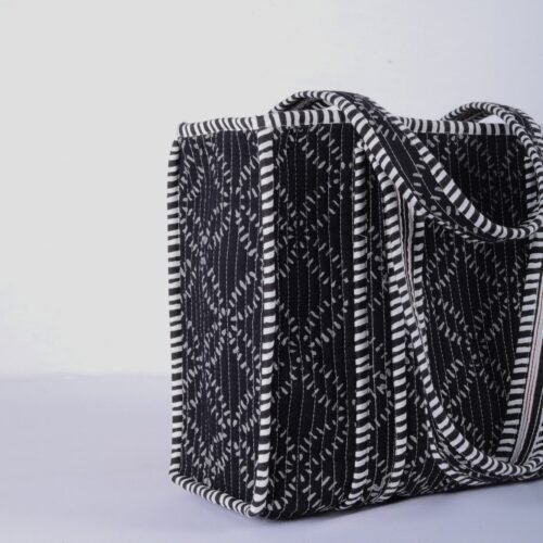 Perfect Blend Of Style And Comfort Cotton Quilted Tote Bag In Black Geometric Designed - Image 3