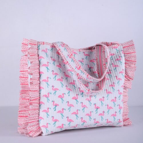 Block Printed Flamingo With Frills Cotton Quilted Tote Bag In Baby Pink - Image 3