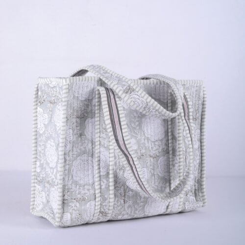 Block Printed Floral Jaal Tote Bag In Grey - Image 4