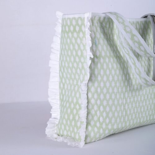Small Buta With Frills Block Printed Tote Bag In Light Green - Image 4