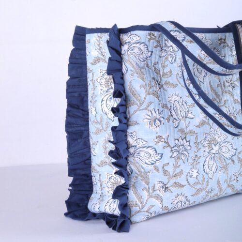 Dreamy Frills Cotton Quilted Tote Bag In Powder Blue - Image 4