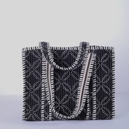 Perfect Blend Of Style And Comfort Cotton Quilted Tote Bag In Black Geometric Designed - Image 5
