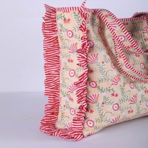 Leaf & Bloom Block Printed Cotton Quilted Tote Bag In Peach - Image 4