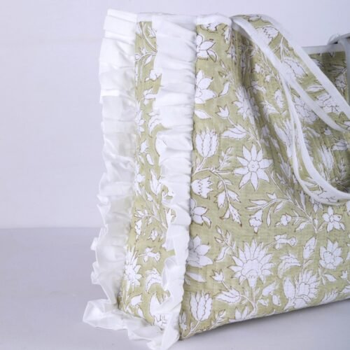 The Garden Jaal Frills Block Printed Tote Bag In Sage Green - Image 4