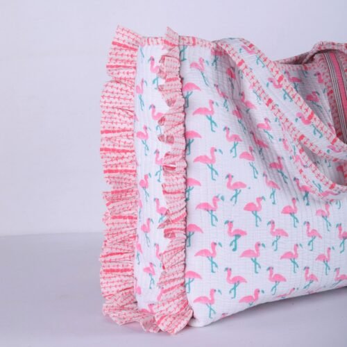 Block Printed Flamingo With Frills Cotton Quilted Tote Bag In Baby Pink - Image 4