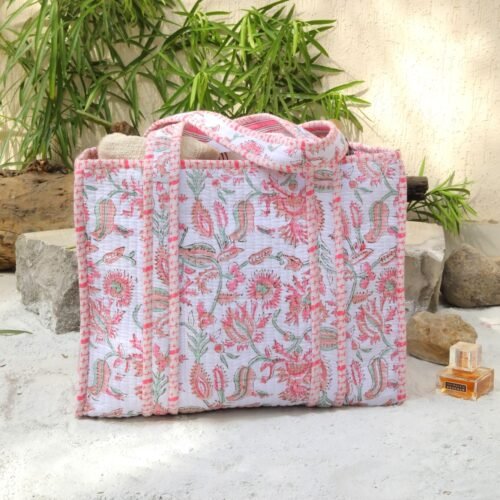 Blush Bloom Block Print Tote Bag In Pink & White - Image 4