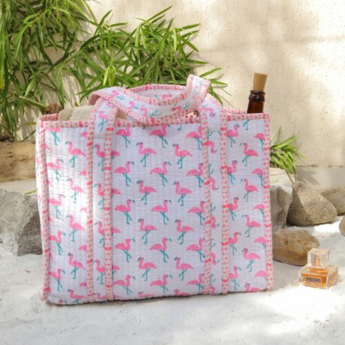 Block Printed Flamingo Cotton Quilted Tote Bag In Baby Pink - Image 5
