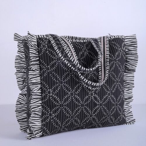 Comfort Cotton Quilted Tote Bag In Black Geometric Designed - Image 5