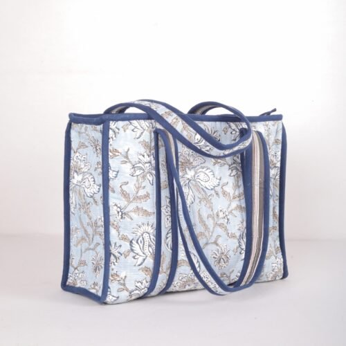 Style With Comfort Cotton Tote Bag Floral Block Printed In Powder Blue - Image 6