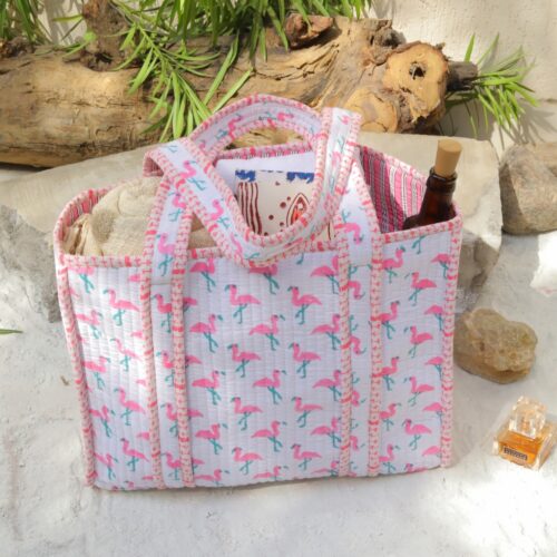 Block Printed Flamingo Cotton Quilted Tote Bag In Baby Pink - Image 6