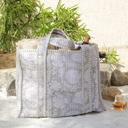 Block Printed Floral Jaal Tote Bag In Grey - Image 6