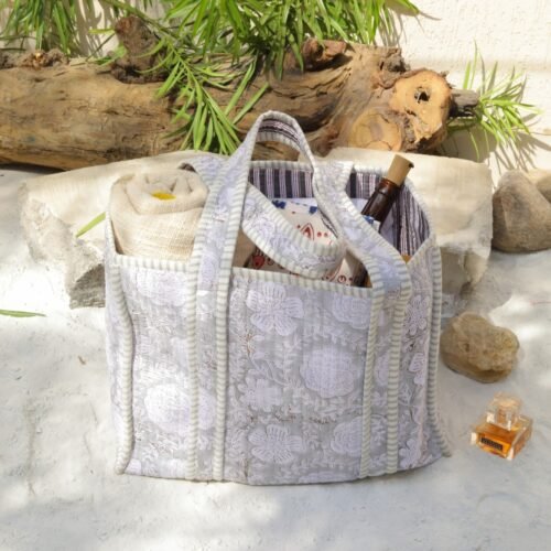 Block Printed Floral Jaal Tote Bag In Grey - Image 7