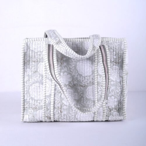 Block Printed Floral Jaal Tote Bag In Grey - Image 8