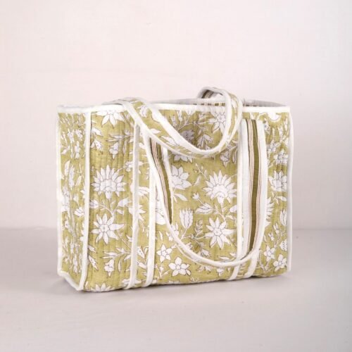Floral Jaal Block Printed Tote Bag In Sage Green - Image 4