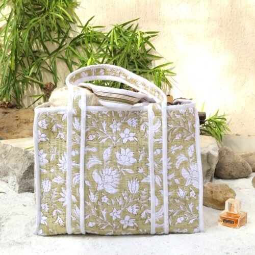Floral Jaal Block Printed Tote Bag In Sage Green - Image 6
