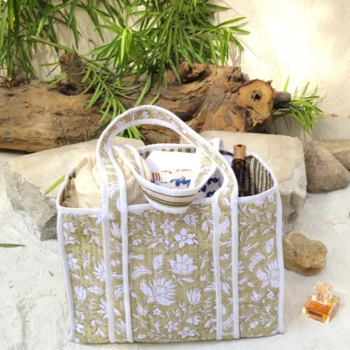 Floral Jaal Block Printed Tote Bag In Sage Green - Image 7