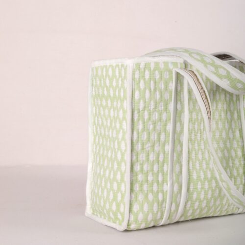 Light Green Small Buta Printed Cotton Quilted Tote Bag - Image 5