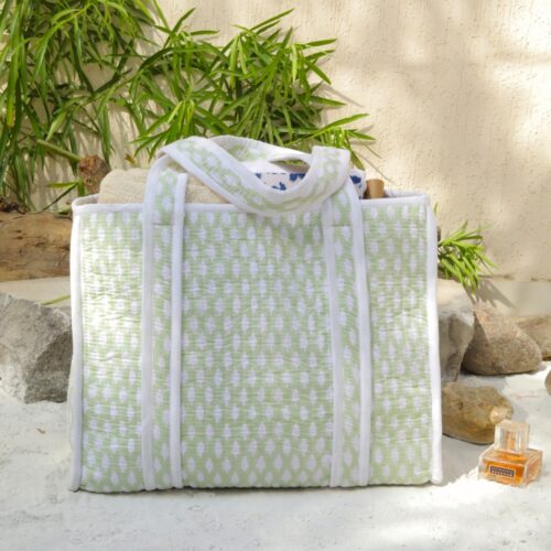 Light Green Small Buta Printed Cotton Quilted Tote Bag - Image 4
