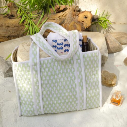 Light Green Small Buta Printed Cotton Quilted Tote Bag - Image 3