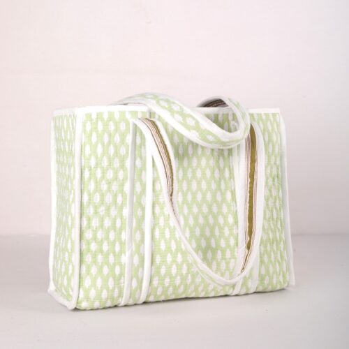 Light Green Small Buta Printed Cotton Quilted Tote Bag - Image 2