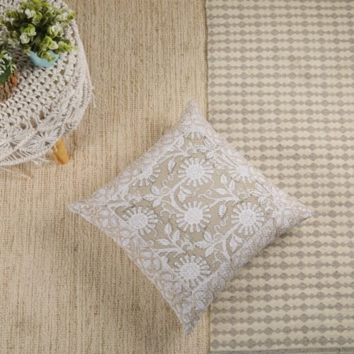 Modern Cotton Waffle Texture Block Printed Floral Style Cushion Cover - Image 3