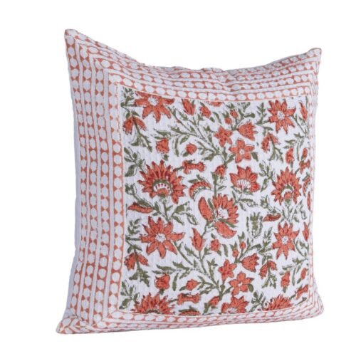 Light Weighted Cotton Waffle Cushion Cover Floral Jaal Block Printed In White & Rust - Image 3