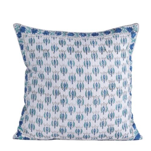 Soft Cotton Waffle Texture Block Printed Cushion Cover In White & Blue - Image 3