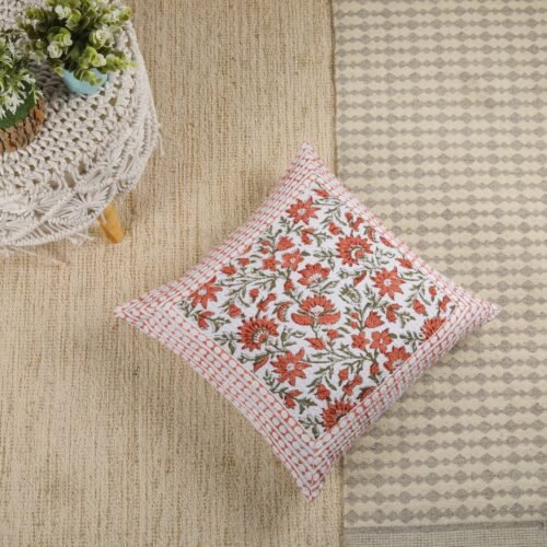 Light Weighted Cotton Waffle Cushion Cover Floral Jaal Block Printed In White & Rust - Image 4