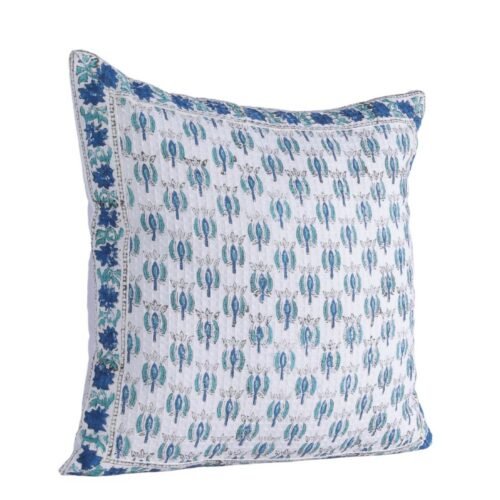 Soft Cotton Waffle Texture Block Printed Cushion Cover In White & Blue - Image 4