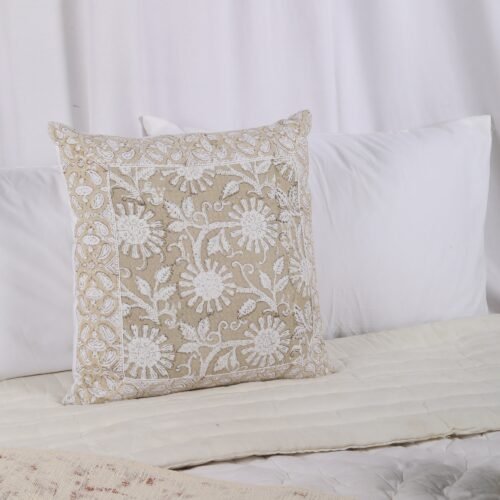 Modern Cotton Waffle Texture Block Printed Floral Style Cushion Cover - Image 5