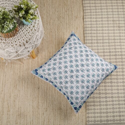 Soft Cotton Waffle Texture Block Printed Cushion Cover In White & Blue - Image 5