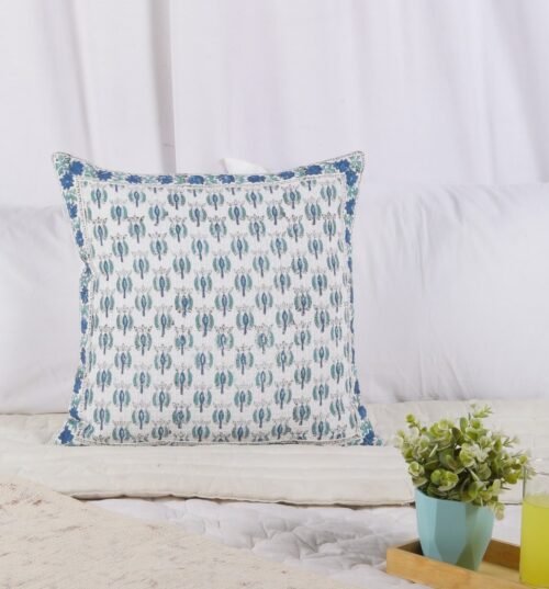 Soft Cotton Waffle Texture Block Printed Cushion Cover In White & Blue