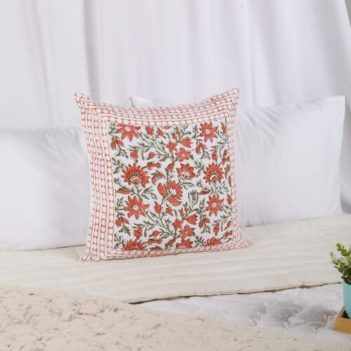 Light Weighted Cotton Waffle Cushion Cover Floral Jaal Block Printed In White & Rust - Image 5