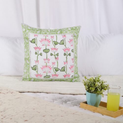 Meditative Lotus Design Block Printed Cotton Waffle Cushion Cover - Image 6