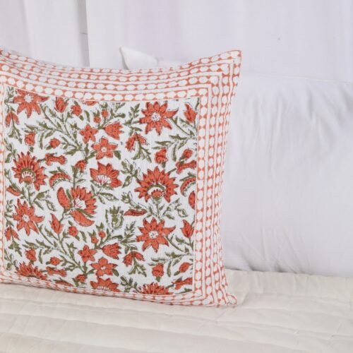 Light Weighted Cotton Waffle Cushion Cover Floral Jaal Block Printed In White & Rust - Image 6