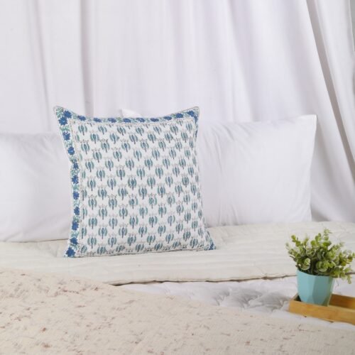Soft Cotton Waffle Texture Block Printed Cushion Cover In White & Blue - Image 6