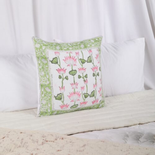 Meditative Lotus Design Block Printed Cotton Waffle Cushion Cover - Image 7