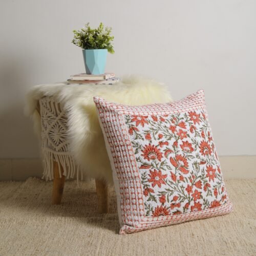 Light Weighted Cotton Waffle Cushion Cover Floral Jaal Block Printed In White & Rust - Image 7