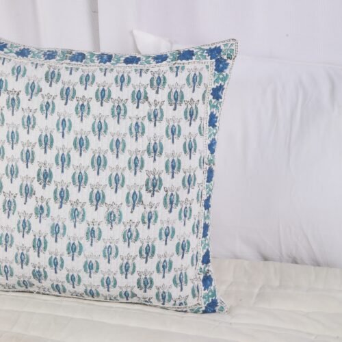 Soft Cotton Waffle Texture Block Printed Cushion Cover In White & Blue - Image 7