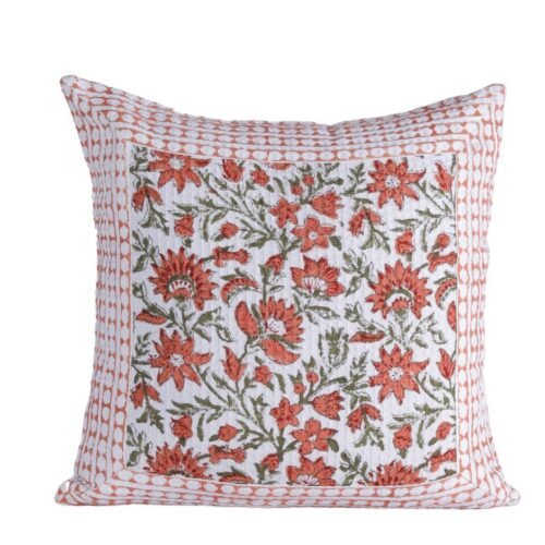 Light Weighted Cotton Waffle Cushion Cover Floral Jaal Block Printed In White & Rust - Image 8
