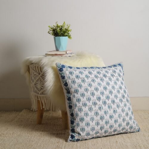 Soft Cotton Waffle Texture Block Printed Cushion Cover In White & Blue - Image 8