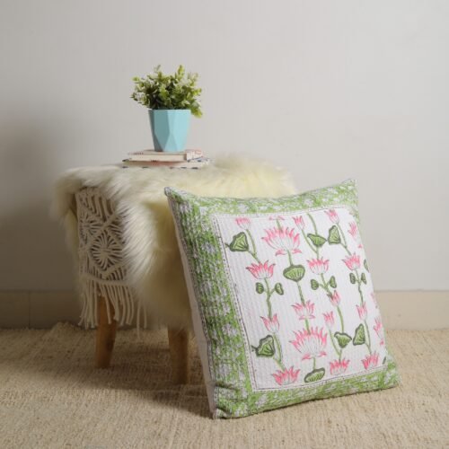 Meditative Lotus Design Block Printed Cotton Waffle Cushion Cover - Image 9