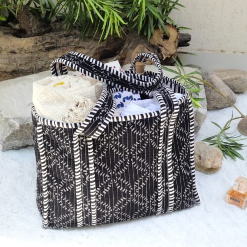 Perfect Blend Of Style And Comfort Cotton Quilted Tote Bag In Black Geometric Designed - Image 2