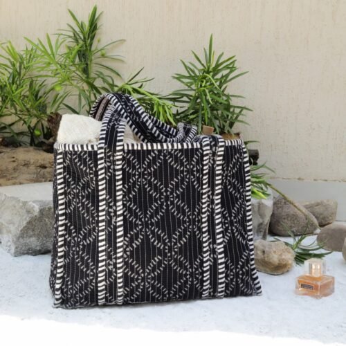 Perfect Blend Of Style And Comfort Cotton Quilted Tote Bag In Black Geometric Designed - Image 4