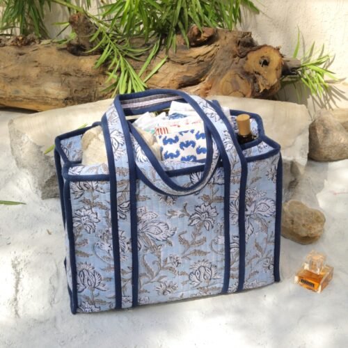 Style With Comfort Cotton Tote Bag Floral Block Printed In Powder Blue - Image 4