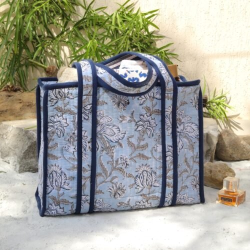 Style With Comfort Cotton Tote Bag Floral Block Printed In Powder Blue - Image 2