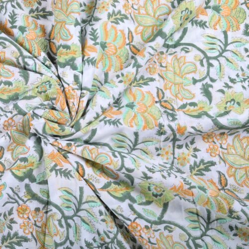 Floral Jaal Hand Block Printed Cotton Fabric In Green - Image 5