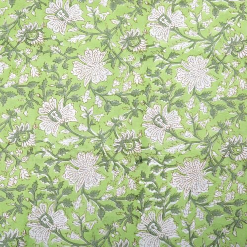 Floral Jaal Hand Block Printed Cotton Fabric In Light Green