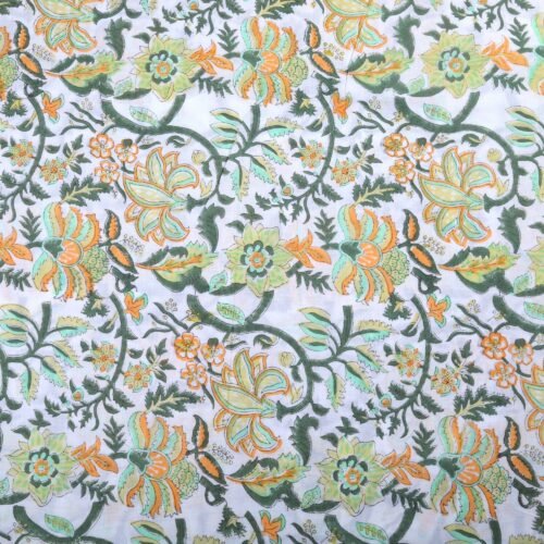 Floral Jaal Hand Block Printed Cotton Fabric In Green